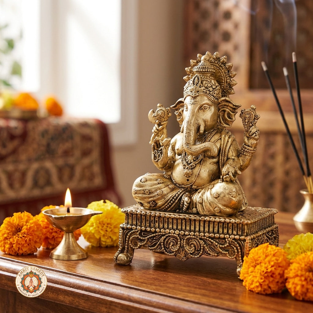 Brass Ganesha Murti on Chowki for Mandir & Office Desk