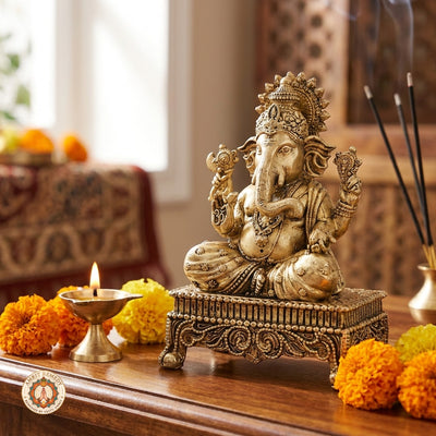 Brass Ganesha Murti on Chowki for Mandir & Office Desk