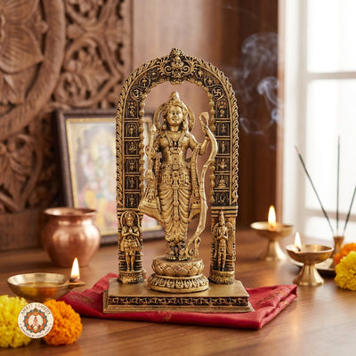 Brass Ayodhya Ram Lalla Murti with Ornate Prabhavali & Bow (13CM)