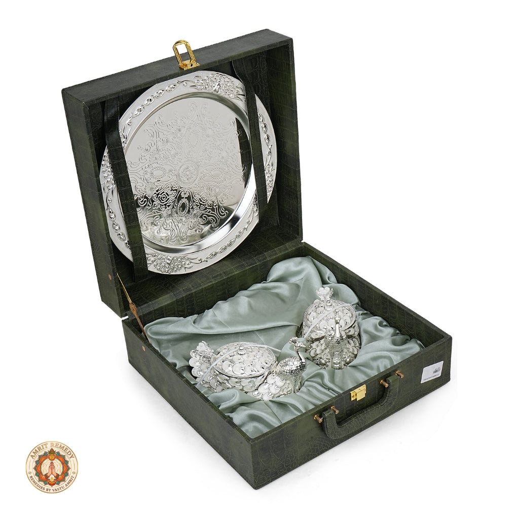 Auspicious Silver Finish Peacock Bhog & Dry Fruit Tray Set in Luxury Gift Box