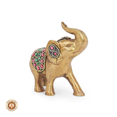 Brass Trunk-Up Elephant with Stone Work for Decor & Vastu (12 cm)