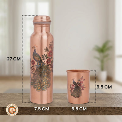 Pure Copper Bottle & Tumbler Drinkware Set with Royal Peacock Print (27 cm)