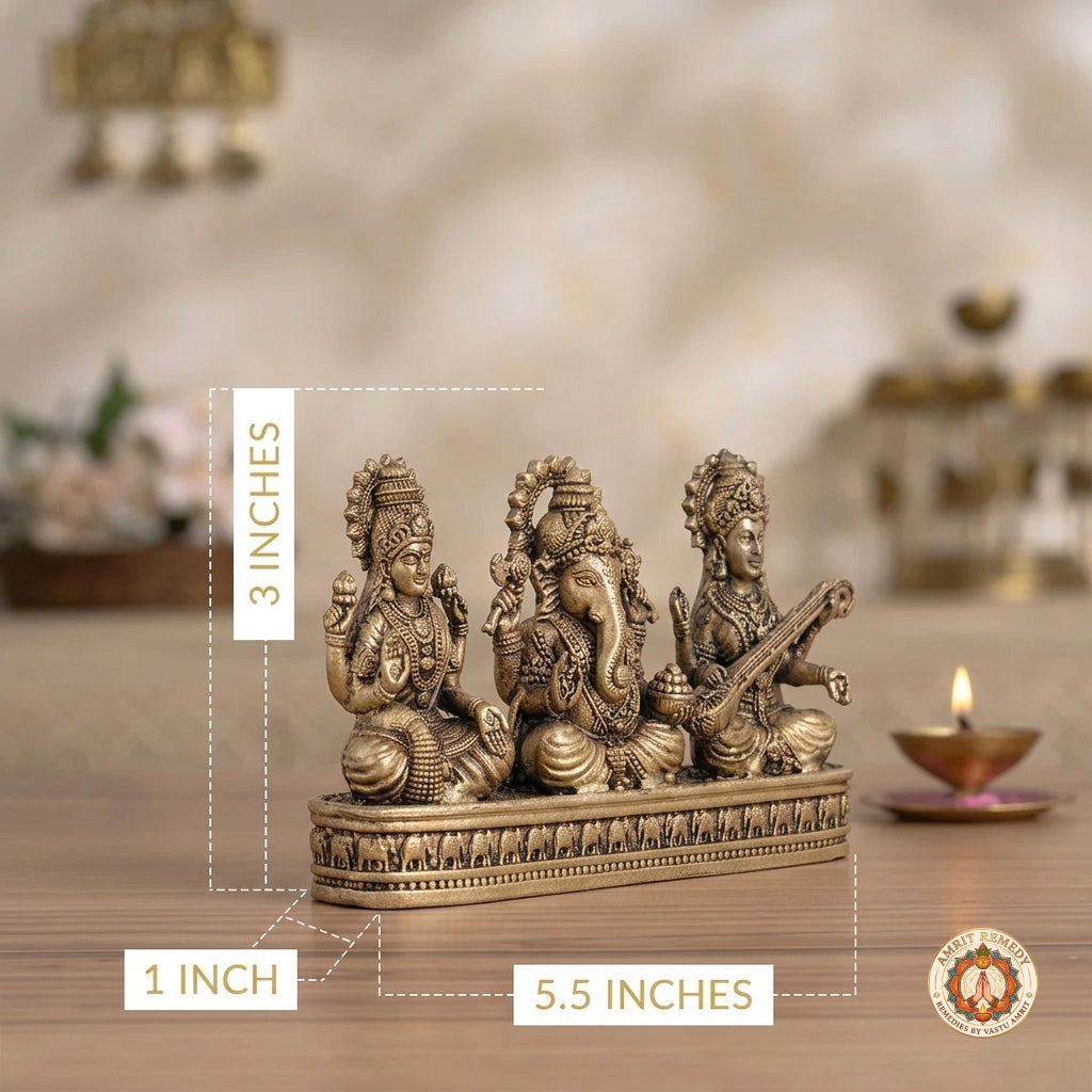 Brass Laxmi Ganesh Saraswati Murti for Home Temple & Office (3 Inch)