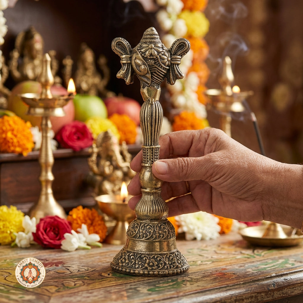 Handcrafted Brass Pooja Ghanti with Ganesha Shankh (19.5 cm)