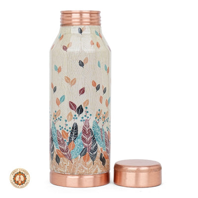 Ayurvedic Pure Copper Bottle with Hand-Applied Feather Motifs (17 cm)