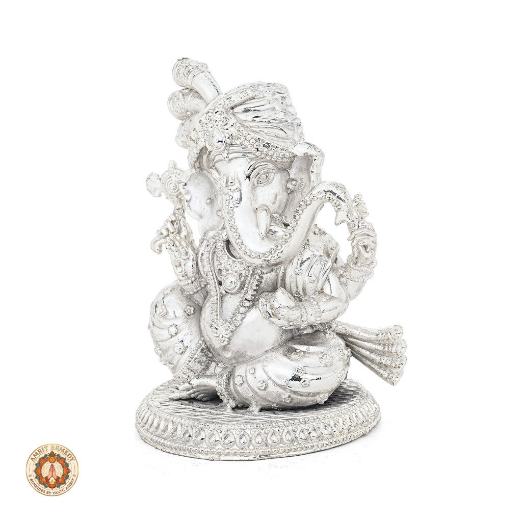 Silver Plated Brass Pagdi Ganesha Murti for Mandir & Living Room (11 cm)