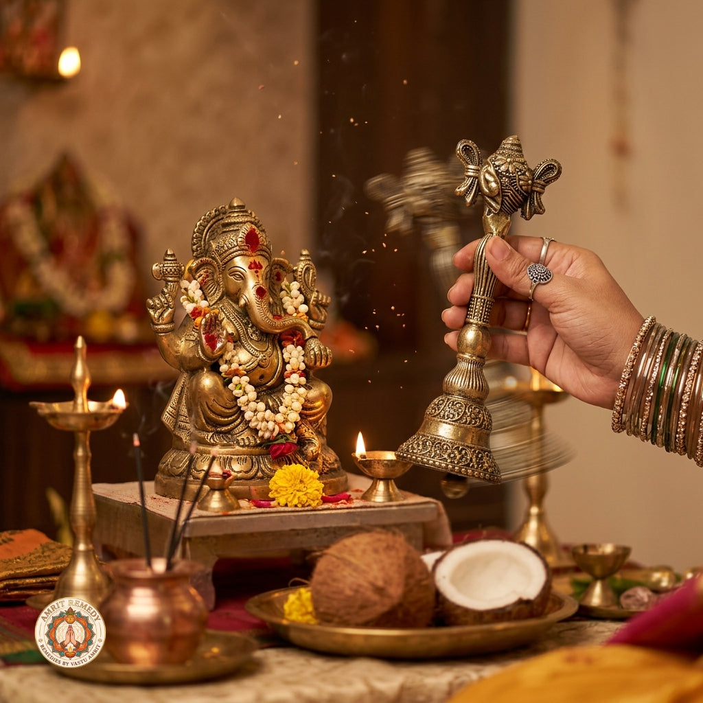 Handcrafted Brass Pooja Ghanti with Ganesha Shankh (19.5 cm)