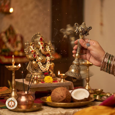 Handcrafted Brass Pooja Ghanti with Ganesha Shankh (19.5 cm)