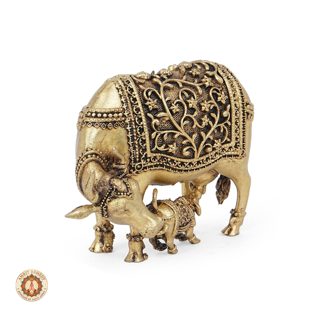 Brass Kamdhenu Cow and Calf Murti for Abundance, Wish Fulfillment & Domestic Peace