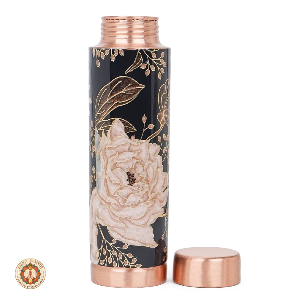 Handcrafted Pure Copper Water Bottle with Hand-Painted Blush Rose & Black Enamel Artwork (18 cm)
