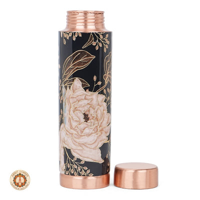 Handcrafted Pure Copper Water Bottle with Hand-Painted Blush Rose & Black Enamel Artwork (18 cm)