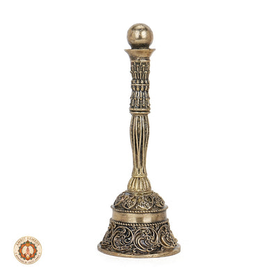 Brass Mandir Ghanti with Intricate Floral Scroll Carvings (14.5 cm)
