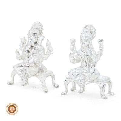 Silver Plated Brass Laxmi Ganesh Murti Set on Singhasan (5.5 cm)