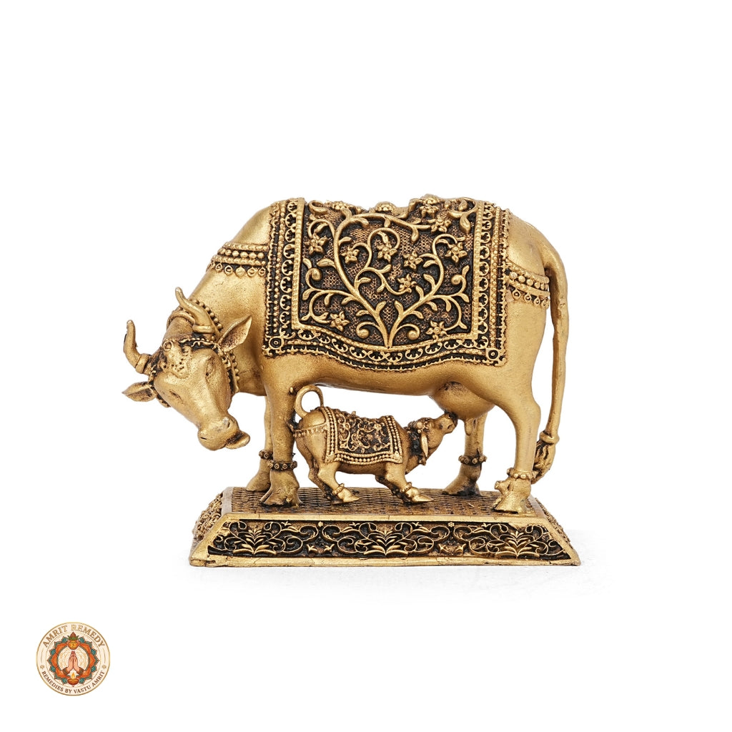 Brass Kamadhenu with Calf Idol for Abundance, Fertility & Peace