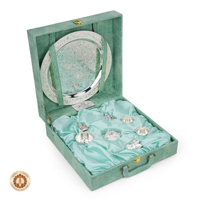 Auspicious Silver Plated Complete Mandir Thali Set in Leatherette Suitcase Gift Box
