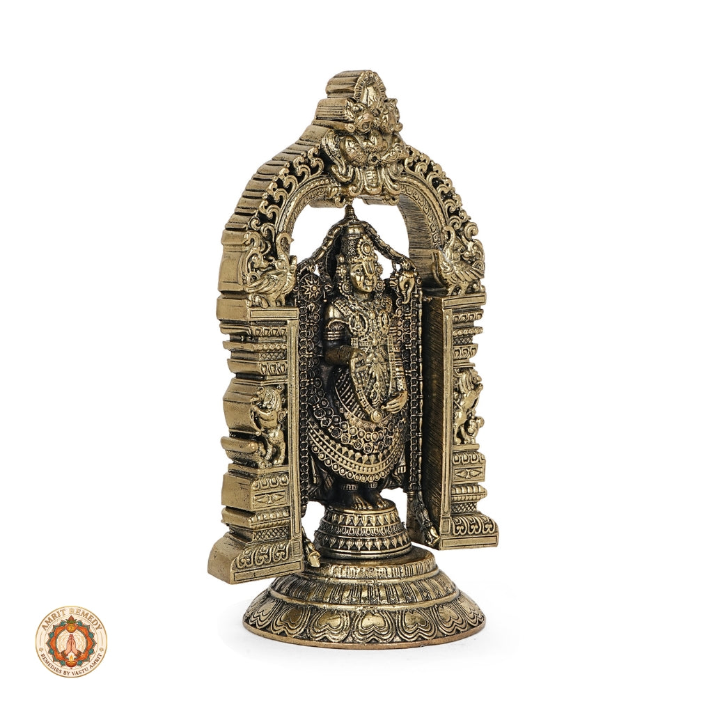 Brass Tirupati Balaji Murti with Prabhavali Arch for Wealth, Debt Relief & Vastu (17 cm)