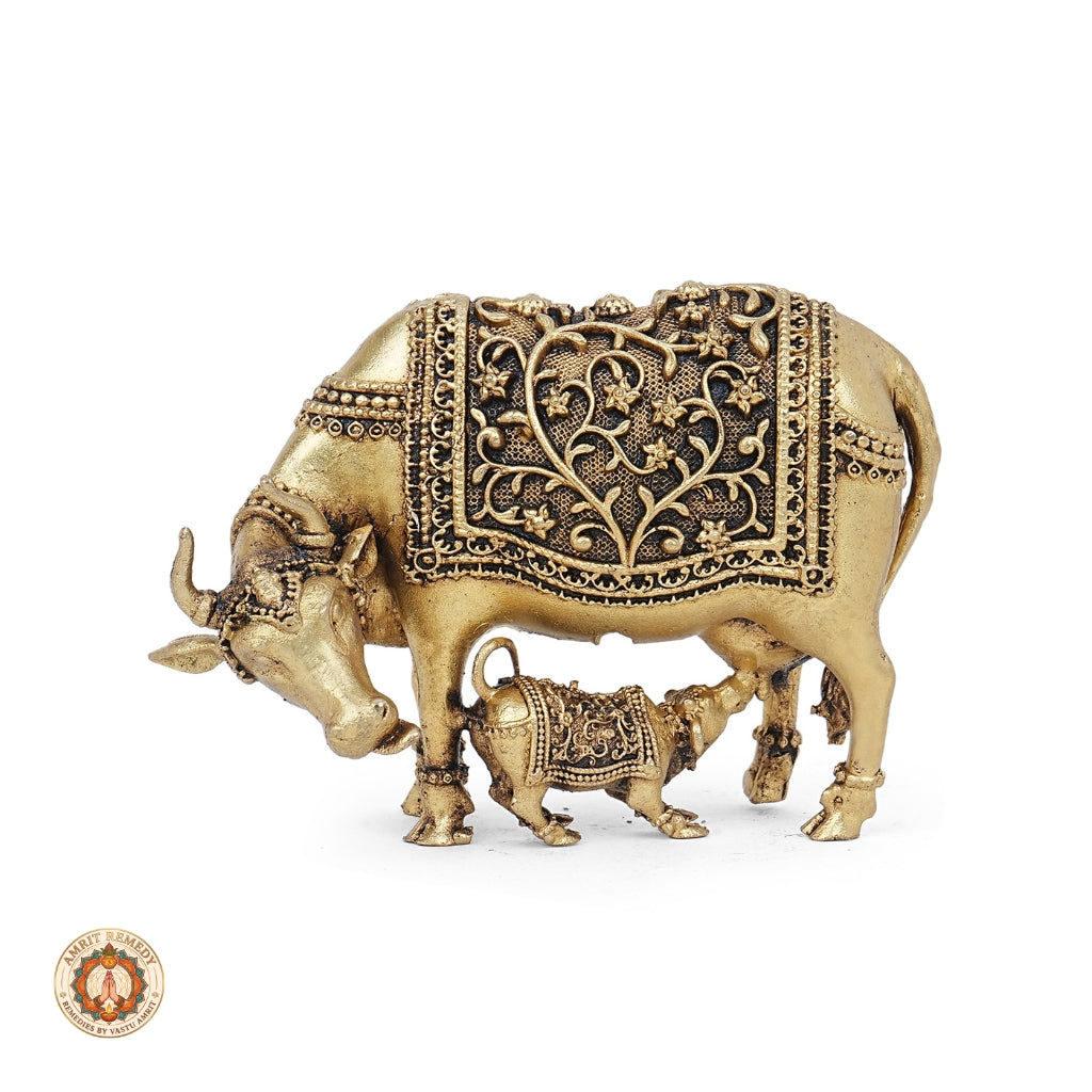 Brass Kamdhenu Cow and Calf Murti for Abundance, Wish Fulfillment & Domestic Peace