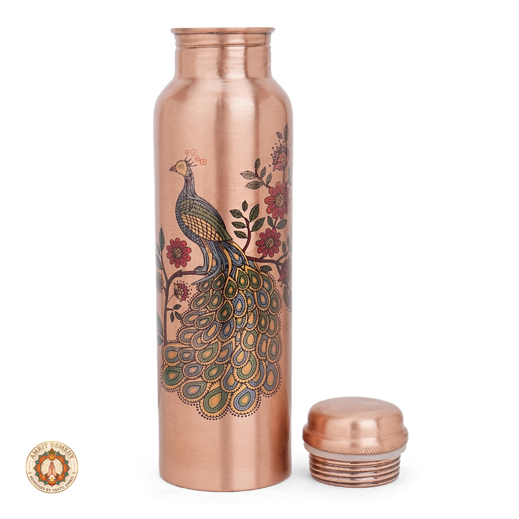 Pure Copper Bottle & Tumbler Drinkware Set with Royal Peacock Print (27 cm)