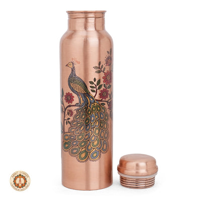 Pure Copper Bottle & Tumbler Drinkware Set with Royal Peacock Print (27 cm)