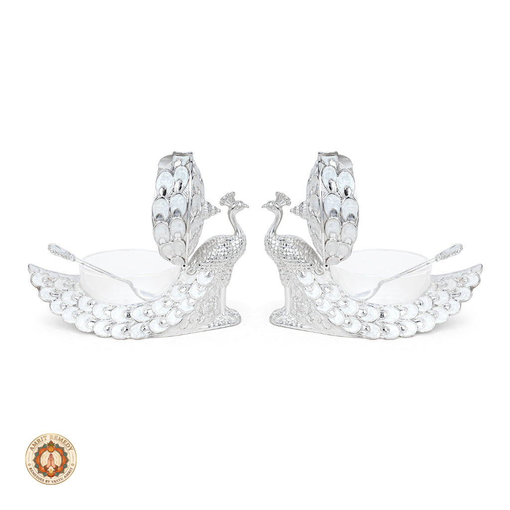 Auspicious Silver Finish Peacock Bhog & Dry Fruit Tray Set in Luxury Gift Box