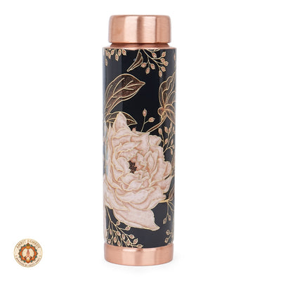 Handcrafted Pure Copper Water Bottle with Hand-Painted Blush Rose & Black Enamel Artwork (18 cm)
