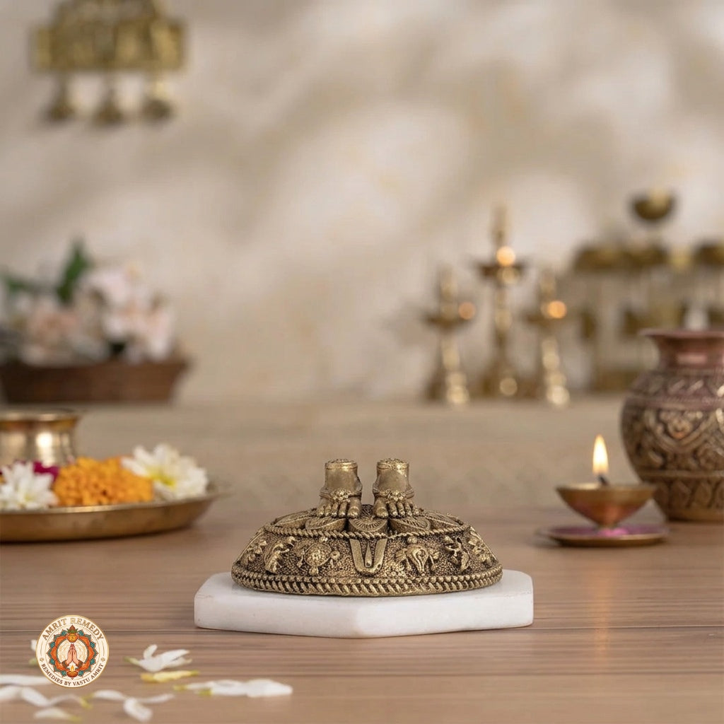 Brass Lakshmi Vishnu Charan Paduka for Wealth, Protection & Puja (6.5 cm)