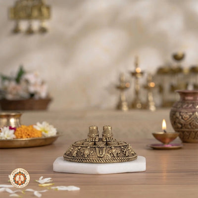 Brass Lakshmi Vishnu Charan Paduka for Wealth, Protection & Puja (6.5 cm)