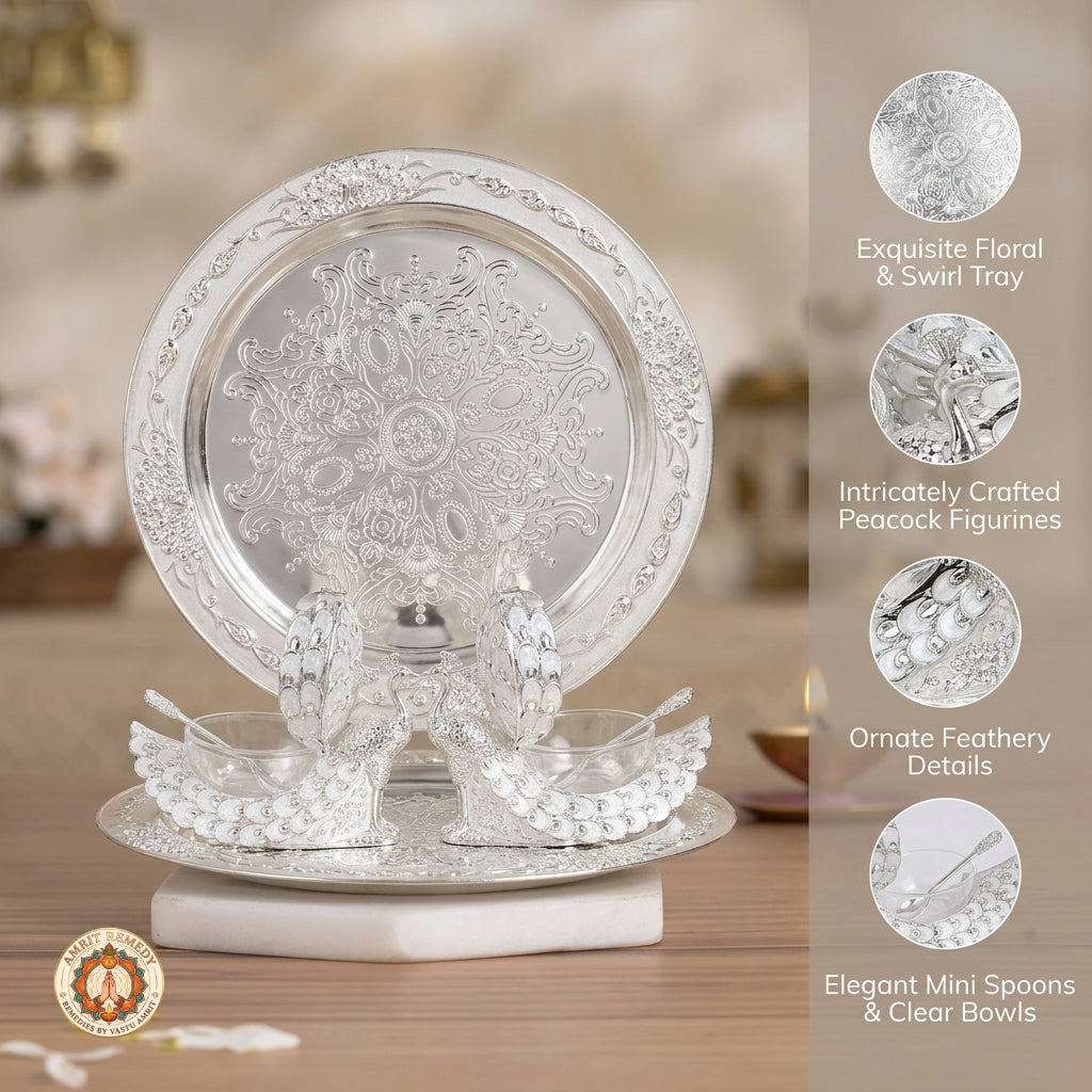 Auspicious Silver Finish Peacock Bhog & Dry Fruit Tray Set in Luxury Gift Box