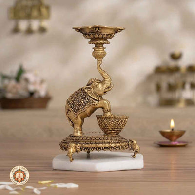 Brass Royal Elephant Diya Stand for Home Temple & Decor