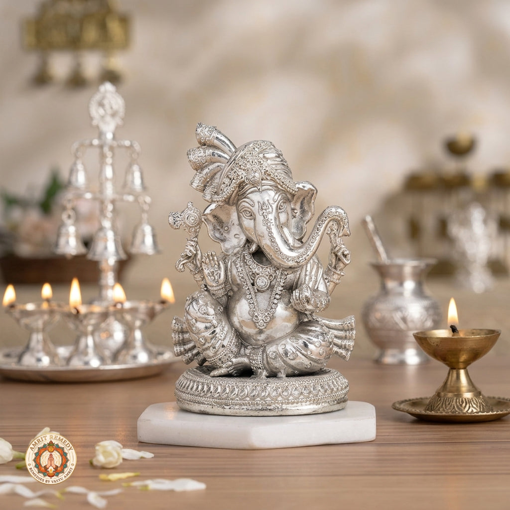 Silver Plated Brass Pagdi Ganesha Murti for Mandir & Living Room (11 cm)