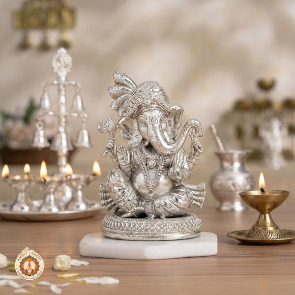 Silver Plated Brass Pagdi Ganesha Murti for Mandir & Living Room (11 cm)