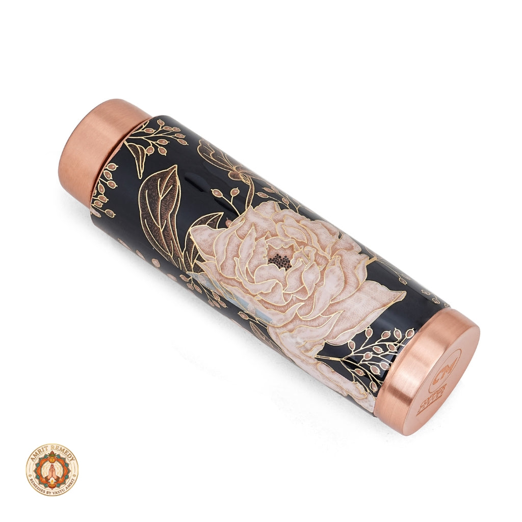 Handcrafted Pure Copper Water Bottle with Hand-Painted Blush Rose & Black Enamel Artwork (18 cm)