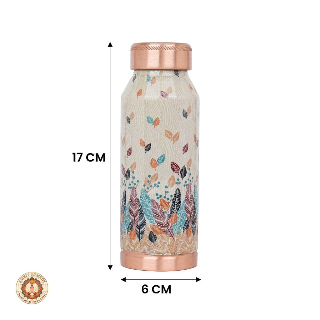Ayurvedic Pure Copper Bottle with Hand-Applied Feather Motifs (17 cm)