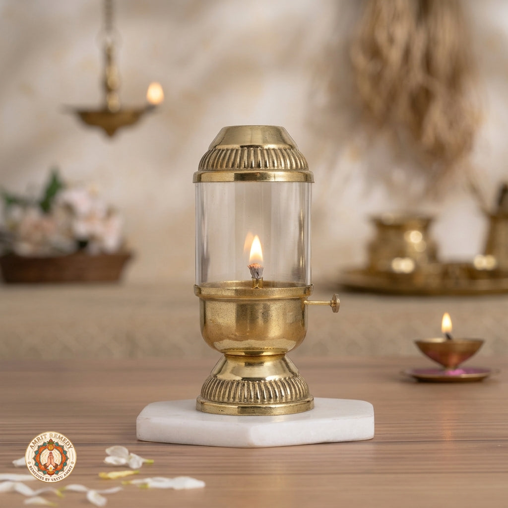 Brass Akhand Diya with Cylindrical Glass Cover & Side Knob (32 cm)