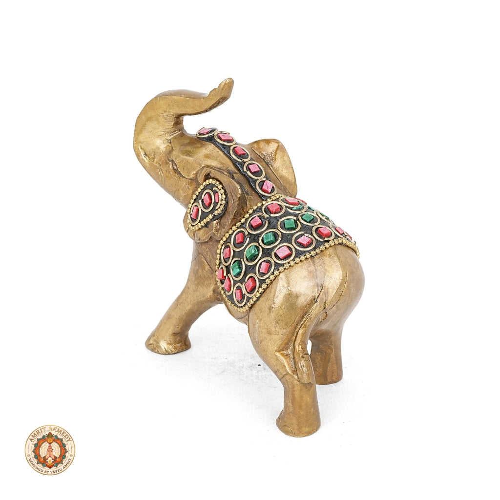 Brass Trunk-Up Elephant with Stone Work for Decor & Vastu (12 cm)