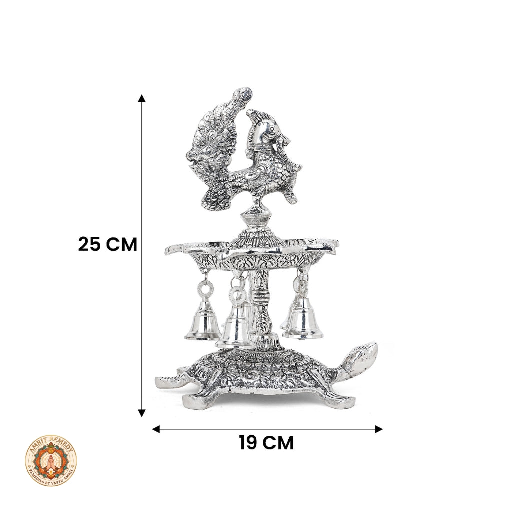 Silver Plated Peacock Diya with Tortoise Pedestal & Bells (25 cm)