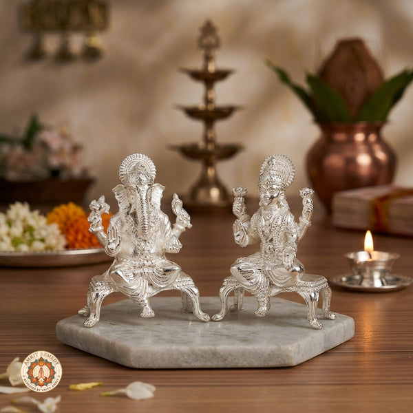 Silver Plated Brass Laxmi Ganesh Murti Set on Singhasan (5.5 cm)