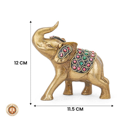 Brass Trunk-Up Elephant with Stone Work for Decor & Vastu (12 cm)