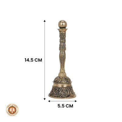 Brass Mandir Ghanti with Intricate Floral Scroll Carvings (14.5 cm)