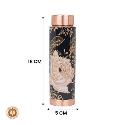 Handcrafted Pure Copper Water Bottle with Hand-Painted Blush Rose & Black Enamel Artwork (18 cm)