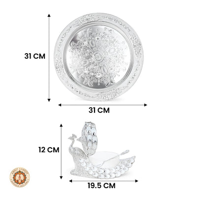 Auspicious Silver Finish Peacock Bhog & Dry Fruit Tray Set in Luxury Gift Box