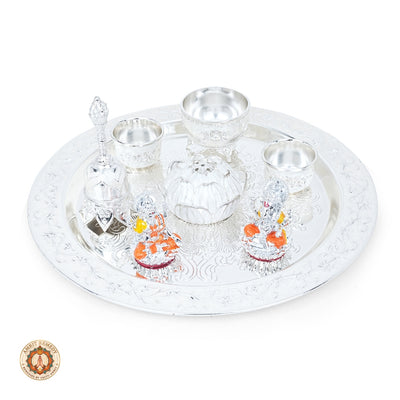 Auspicious Silver Plated Complete Mandir Thali Set in Leatherette Suitcase Gift Box