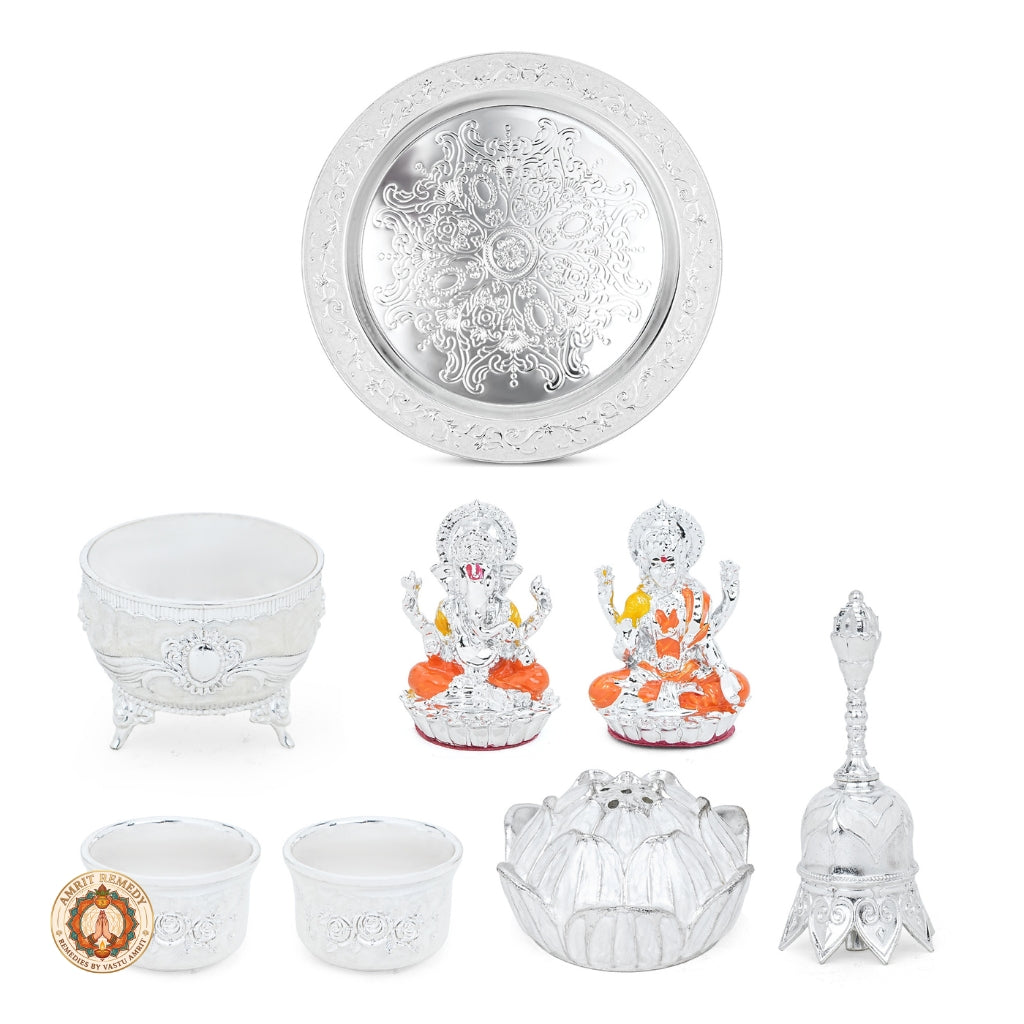 Auspicious Silver Plated Complete Mandir Thali Set in Leatherette Suitcase Gift Box