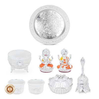 Auspicious Silver Plated Complete Mandir Thali Set in Leatherette Suitcase Gift Box