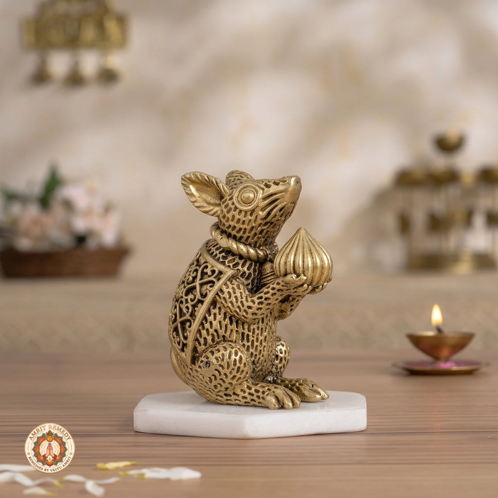 Brass Mooshak Vahana Murti with Modak for Home Mandir & Office Desk (9 cm)