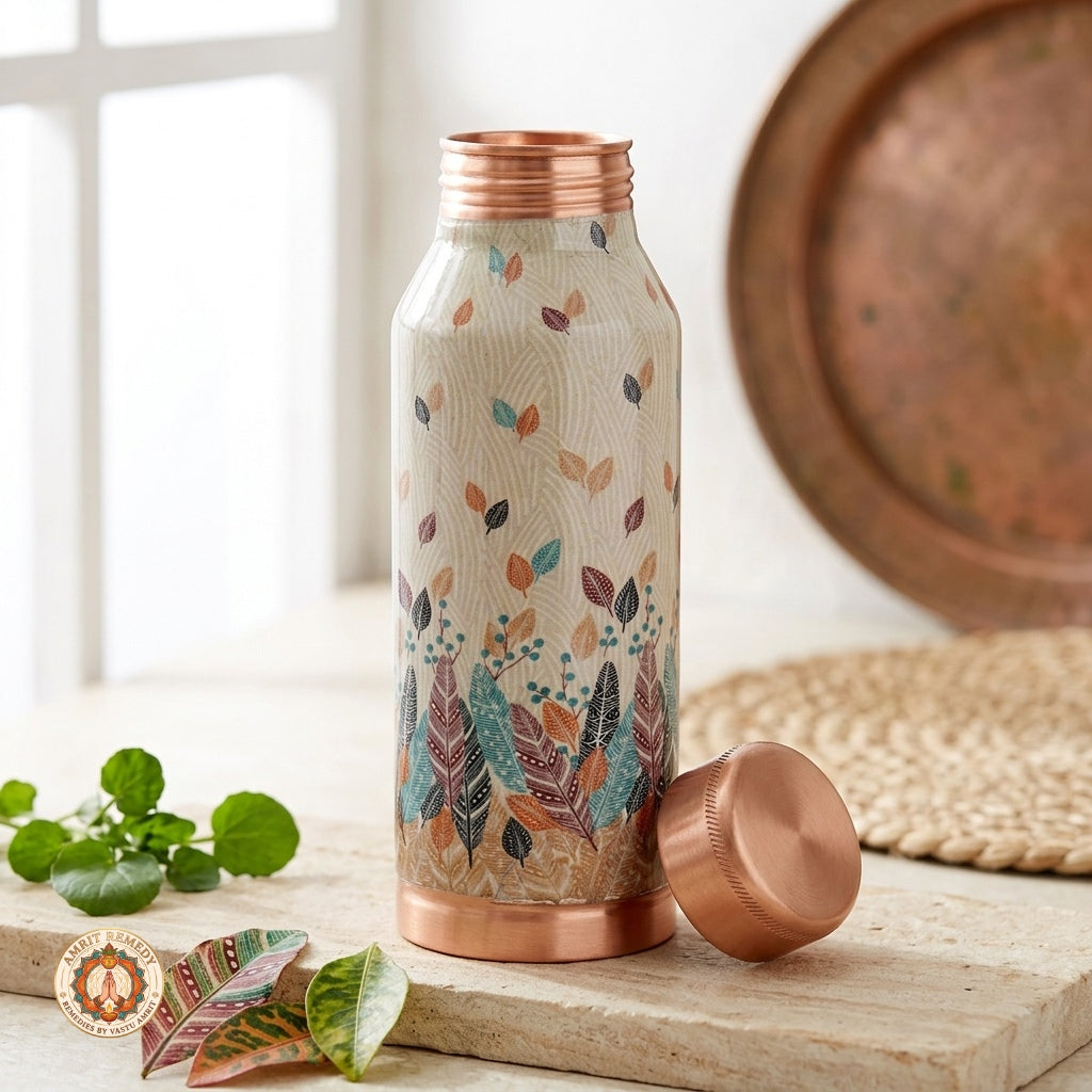Ayurvedic Pure Copper Bottle with Hand-Applied Feather Motifs (17 cm)
