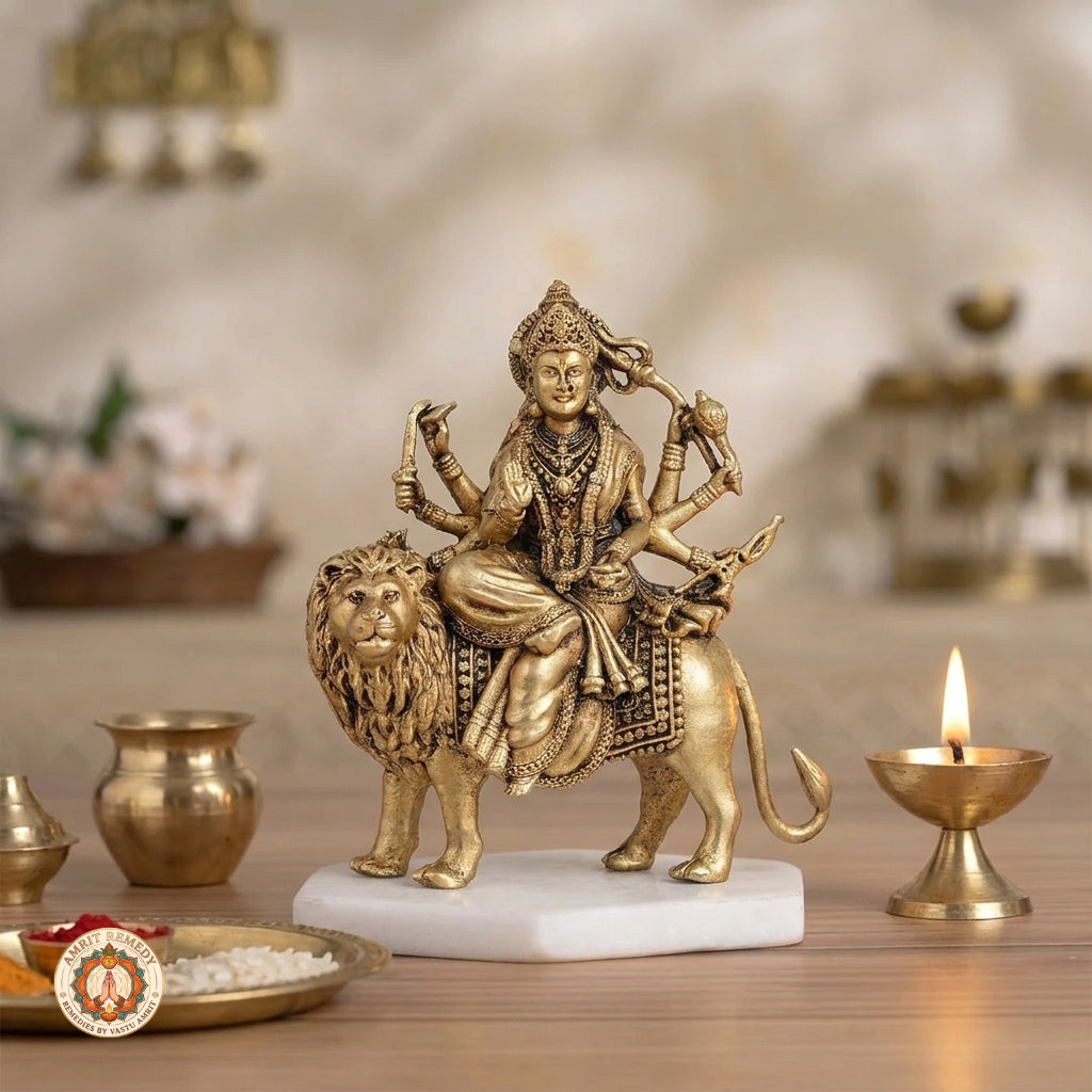 Brass Simha Vahini Durga Murti for Strength, Courage & Protection