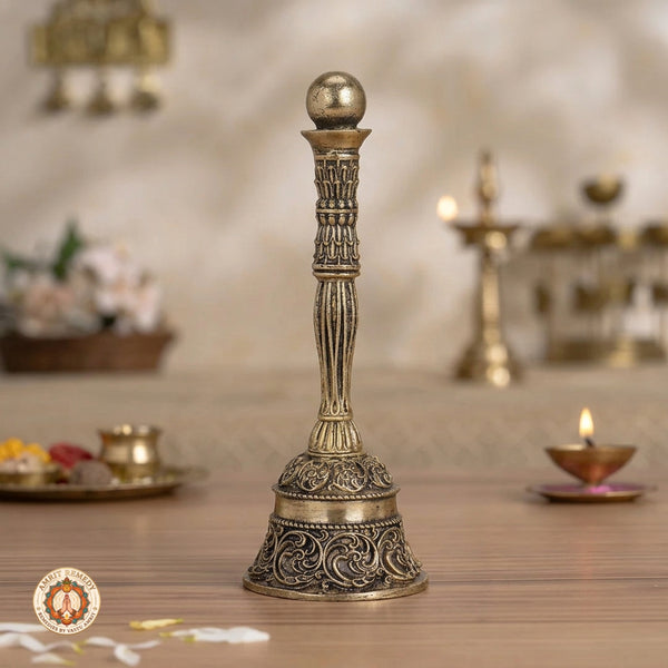 Brass Mandir Ghanti with Intricate Floral Scroll Carvings (14.5 cm)