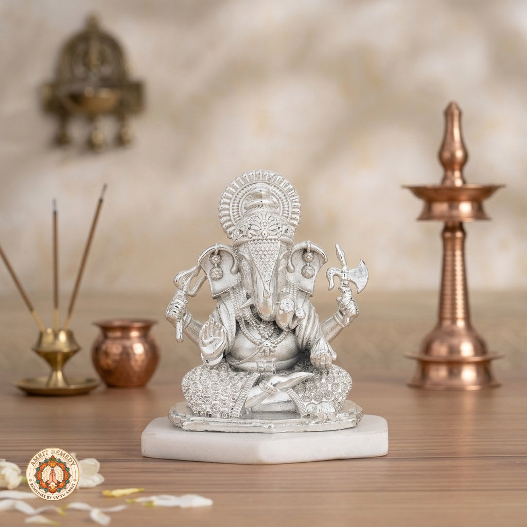 Auspicious Silver Plated Brass Ganpati Murti for Wealth, Wisdom & Vastu (6 cm)