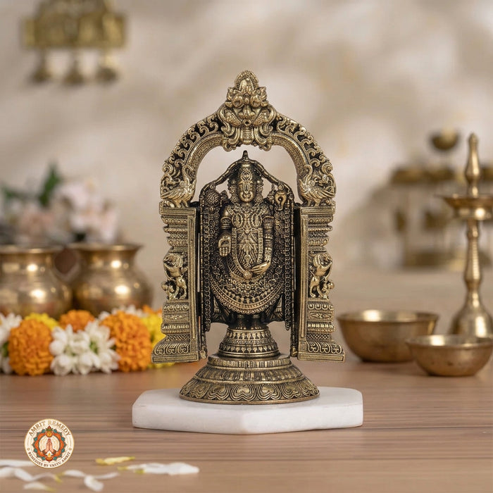 Brass Tirupati Balaji Murti with Prabhavali Arch for Wealth, Debt Relief & Vastu (17 cm)
